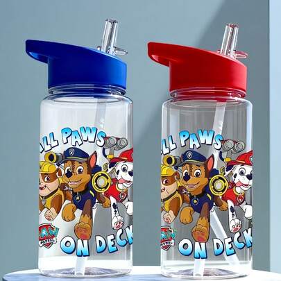  1pc 17oz/500ml Cute Paw Patrol Pattern PC Plastic Travel Mug With Straw, Leak-Proof, Shockproof, Durable For Outdoor Sports, Travel, Picnic, Hiking, Running, Camping, Home, Office, School, Birthday, Christmas, Halloween, Valentine's Day, Thanksgiving, Graduation Gift For Her, Him, Classmates, Family, Friends