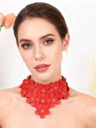 1件红色原宿风软萌花朵PU皮项链，街头时尚配饰，节日项链，波西米亚风，韩版时尚，时尚链条，耐用配饰，单件装