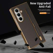 VIETAO Electroplated Design Built-In Pen Phone Case, Compatible With Samsung Galaxy Z Fold 7 6 5 4, Carbon Fiber Texture Phone Case - Brown - View 4