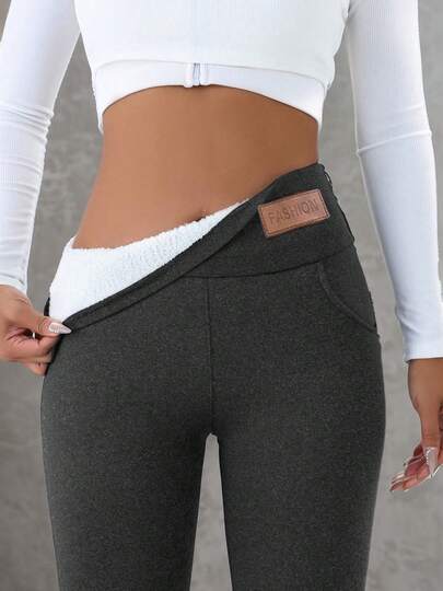 1 PC Comfortable Snow Down Warm Plush Leggings, Casual Elastic Pockets Long High Waisted Leggings, Fall / Winter