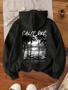 Women's Plus Size Coconut Tree Letter Print Casual Simple Loose Comfortable Street Style Thermal Lined Drawstring Hooded Long Sleeve Sweatshirt Tops - Black - View 5
