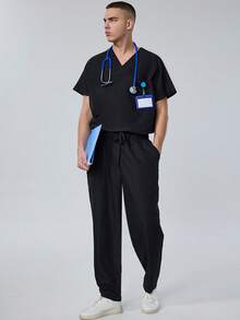 cimmuovere Men's V-Neck Short Sleeve Multi-Pocket Top And Solid Scrubs Pants, Nurse Scrubs Workwear For Dentist, Healthcare, Pet Hospital, Laboratory - Black - View 4