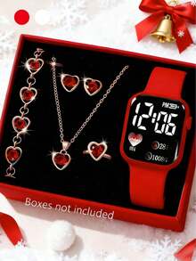 6/5pcs Set, Cute Cartoon Heart Shaped Digital Display Fashion Square Dial Watches, Bracelet, Necklace, Earrings, Ring Jewelry Set For Girls, Versatile For Christmas, Valentine's Day, Back To School, Birthday Gifts