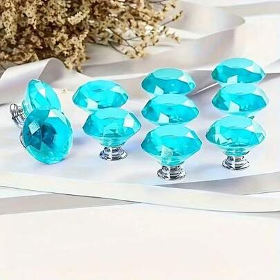 10pcs Crystal Glass Diamond Cabinet Knobs - Light Blue, 1.18 Inch Diameter, Chrome Plated Surface