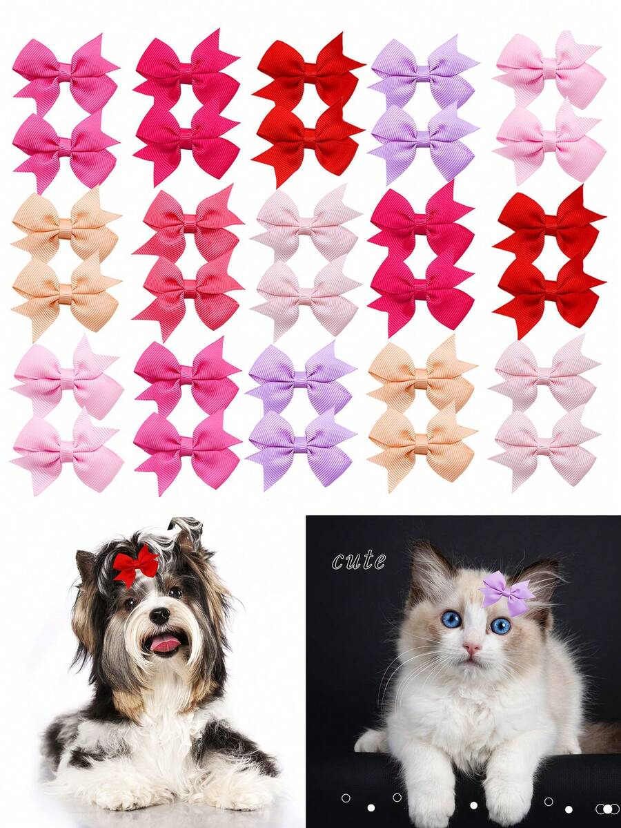 10/20pcs Solid Color Tailcoat Ribbed Ribbon Pet Hair Accessories, Fashionable And Simple Accessories For Cats And Dogs, Suitable For All Seasons, Pet Decoration Products, Wedding Party Pet Hair Decoration For Valentine's Day, New Year, Christmas And Other Cccasions, Decoration, Puppy Keep Decoration, Dog And Cat Stuff. - Multicolor - View 1