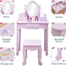 Kid-Sky Kinder Kosmetikspiegel mit verstellbarem Spiegel – Schminktisch Set für Mädchen mit Spiegel, Hocker und Holz-Kosmetik-Set für fantasievolles Puppenspiel - Mauve - Übersicht 3