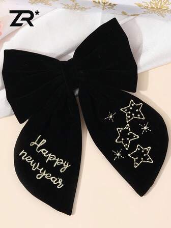 1pc New Year Black Velvet Bow Hair Clip With Tails For Girls Teens New Year Embroidery Hair Bow Clip Elegant Fashion Festival Barrette Party Decor Hairpin Women New Year Hair Accessory,Happy New Year, Claw Clips, Hair Slide, Hair Barrettes, Hair Accessories