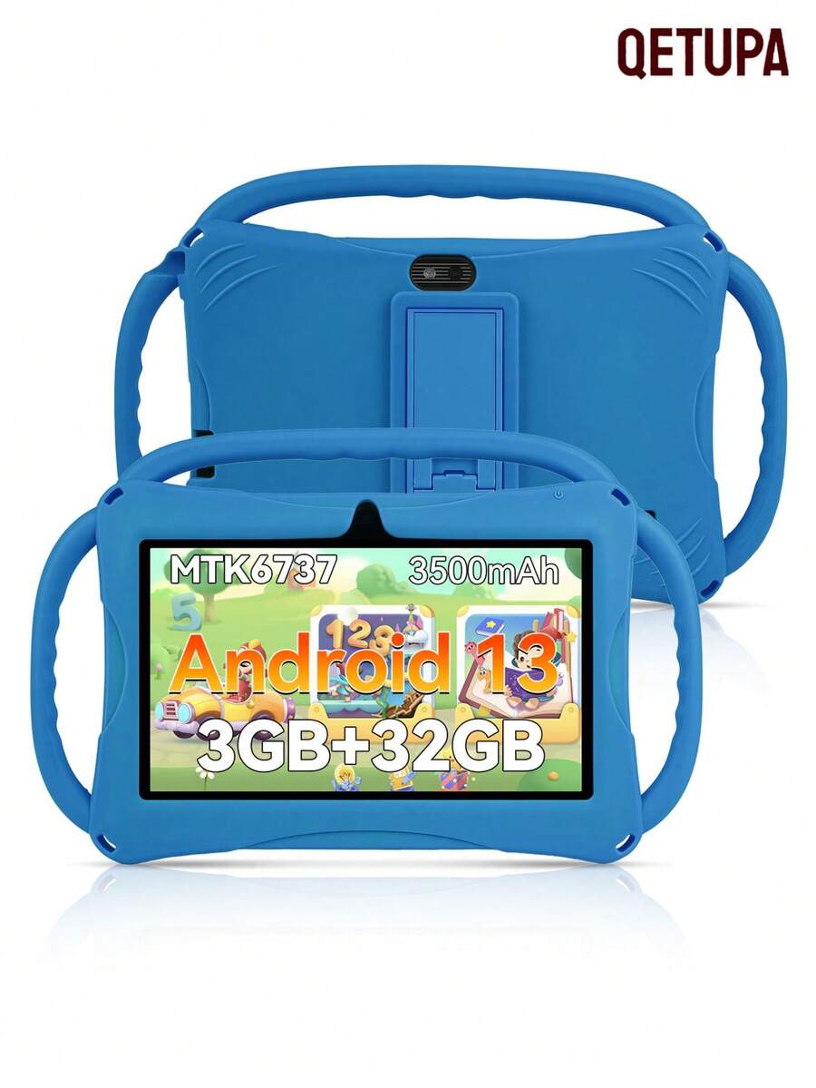 Qetupa 3台7英寸儿童平板电脑，32GB ROM，3GB RAM，Android 13.0系统，2.4G WiFi，GMS服务，护眼功能，摄像头，家长控制，预装应用，教育游戏，可充电电池，趣味设计，耐用塑料外壳（不含适配器） - 藍色 - 查看 1