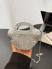 2025秋冬季腈纶编织纹理晚宴包，金属链条斜挎包，小众设计派对手提包 - 銀色 - 查看 2