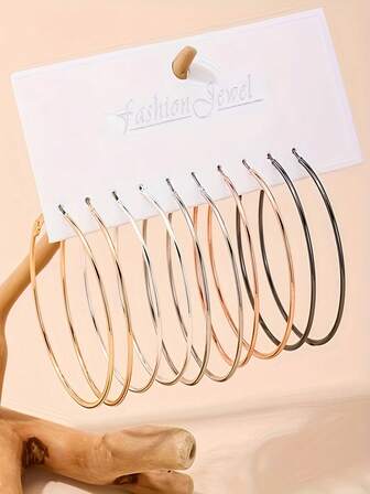 1 Set Of 5 Pairs Of Exaggerated And Versatile Daily Attendance Big Circle Earrings Five-Piece Set Of Fashionable And Multi-Color Earring Sets For Women