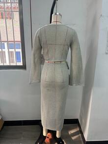 Women Swim Sexy Cute Casual Boho Vacation Outfits Clothes Swimwear Knit Crochet Beach Cover Up Dress Crop Cardigan Top And Long Warp Long Sleeve Front Tie Hollow Out Mesh Summer - Mint Green - View 3