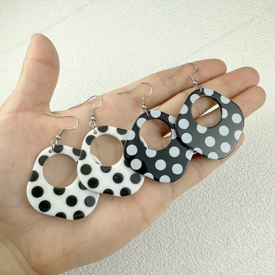 Minimalist Acrylic Square Earrings, Black & White Polka Dot, Unisex - Multicolor - View 1