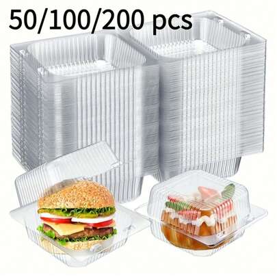Conjunto de 50 caixas plásticas transparentes portáteis, ideais para bolos, tortas de pêssego, hambúrgueres, saladas e outros alimentos. Com divisórias, são perfeitas para a cozinha, para embalar bolos, hambúrgueres, saladas, cachorros-quentes, batatas fritas e outros alimentos.