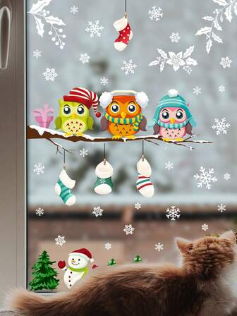 1个圣诞可爱雪人猫头鹰圣诞树雪花图案卡通趣味窗贴简约室内装饰自粘防尘防潮塑料贴纸