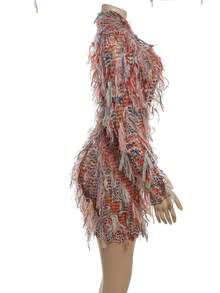 Street Style Sexy Colorful Fringe Long Sleeve Fitted Mini Dress