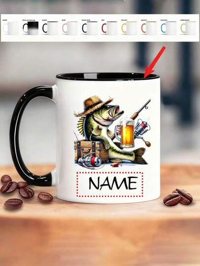 Personalized Fishing Mug - Custom Name/Text, Funny Fishing Cup With Jumping Fish Design - Insulated Ceramic Coffee Cup With Black Handle - Ideal Gift For Anglers, Fishermen, Coffee & Tea Lovers - Birthday, Father's Day, Christmas Present - 7 Colors Available - Dishwasher - No Assembly Needed - Funny Fishing Trip Souvenir