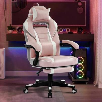 Silla de videojuegos, silla de juegos con soporte lumbar de masaje y reposapiés Silla de videojuegos ergonómica grande y alta ajustable en altura con asiento giratorio y reposacabezas para oficina en casa