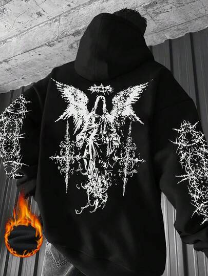 ONE WAVE Men's Hoodie, Autumn/Winter New Arrival, Fashionable Street Style Art Punk Goth Punk Street Vibe Angel & Thorn Barbed Wire Graphic Print Fleece Hoodie