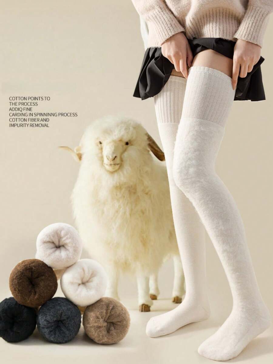 1 Pair Women's Thigh High Socks, Thermal Lined Thick Extra Long Over-The-Knee Socks, Warm & Anti-Slip For Autumn/Winter - Multicolor - View 1
