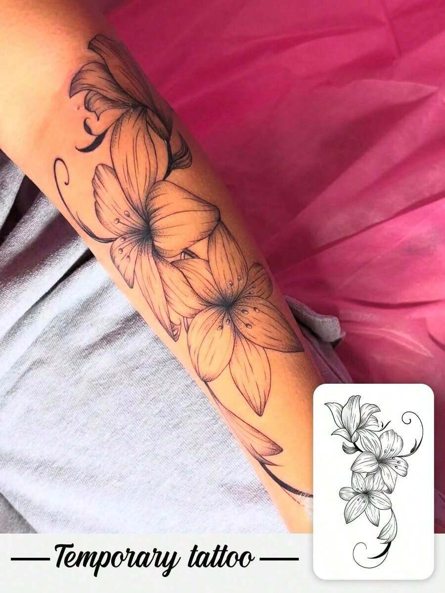 1 Sheet Black Ink Delicate Line Art Realistic Fleur De Lis Pattern For Parties, Weddings And Special Events, Floral Temporary Tattoos, Party Accessories, Nature Inspired Design Tattoo Stickers - Nhiều màu - Xem 1