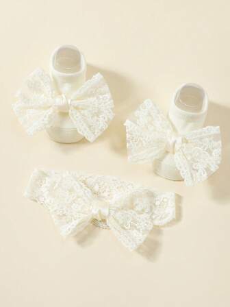 1 Set Lace Cute Sweet Bow Non-Slip Boat Socks + Bow Headband, Suitable For Full Moon, Festivals, 1st Birthday Gifts