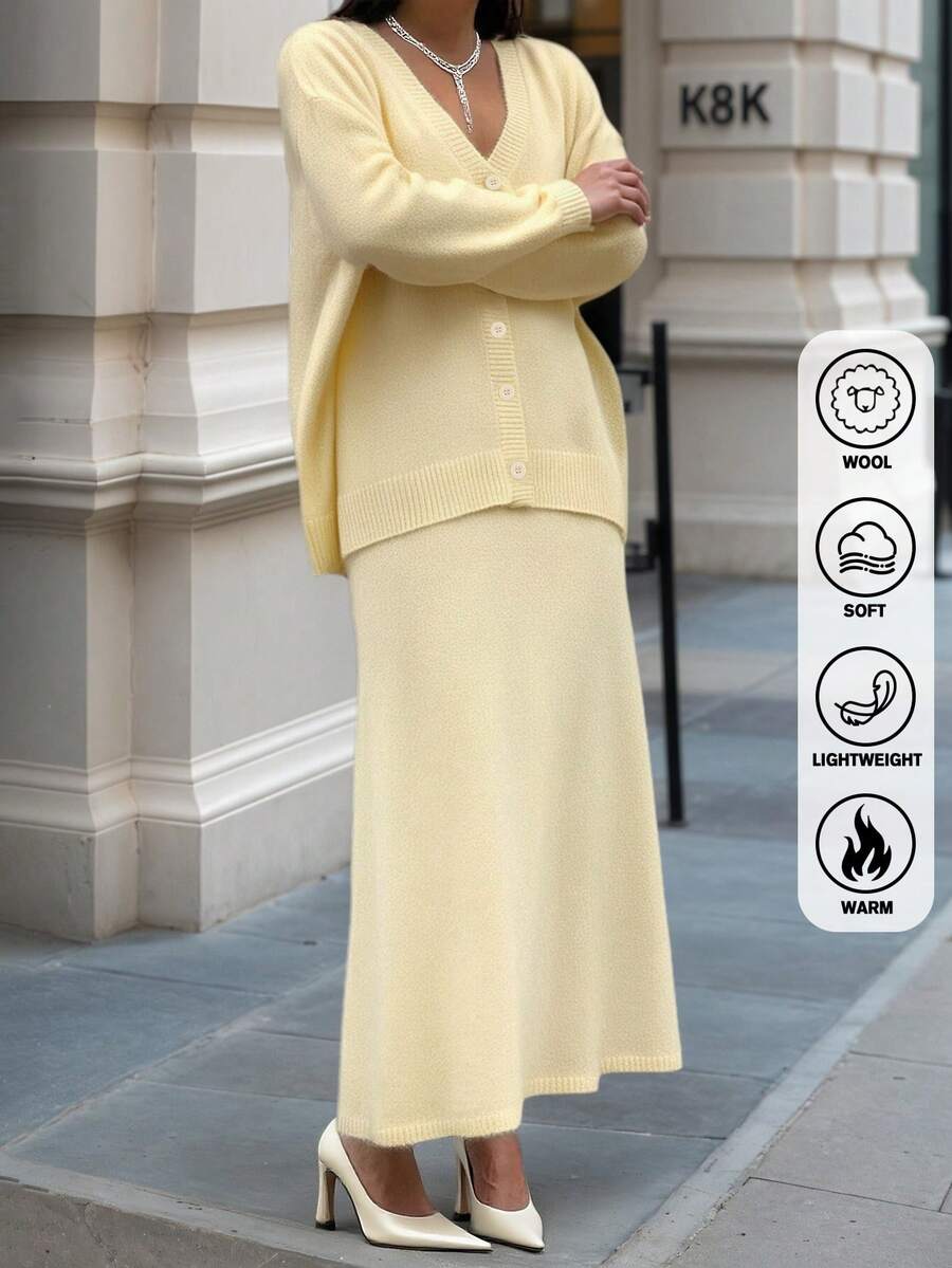 Conjunto de cárdigan de punto con cuello en V y botones y vestido largo, mezcla de lana, amarillo crema, cómodo y versátil, corte holgado, adecuado para ir al trabajo y usar en la calle