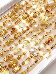 16/12/6pcs Vintage Elegant Everyday Bohemian Resort Style Floral Asymmetric Faux Pearl Colorful Gemstone Chunky Round Design Women Metal Ring Set, Suitable For Women's Daily, Party, Date, Holiday Wear, Stackable, Perfect Gift Choice (Random Delivery) - Gold 1 - View 2