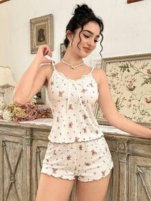 Lace Patchwork Cute Bear Print Women Camisole & Shorts Pajama Set - Multicolor - View 5