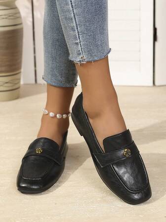 Women's Flat Loafers, Fashionable Casual Shoes, Preppy Style Flats, Comfortable & Simple Design, Suitable For Office, Street, Indoor & Outdoor, Versatile Black Dress Shoes For Women, All Season, Fits Slim And Standard Feet, [Suggest Ordering One Size Up For Wide Feet]