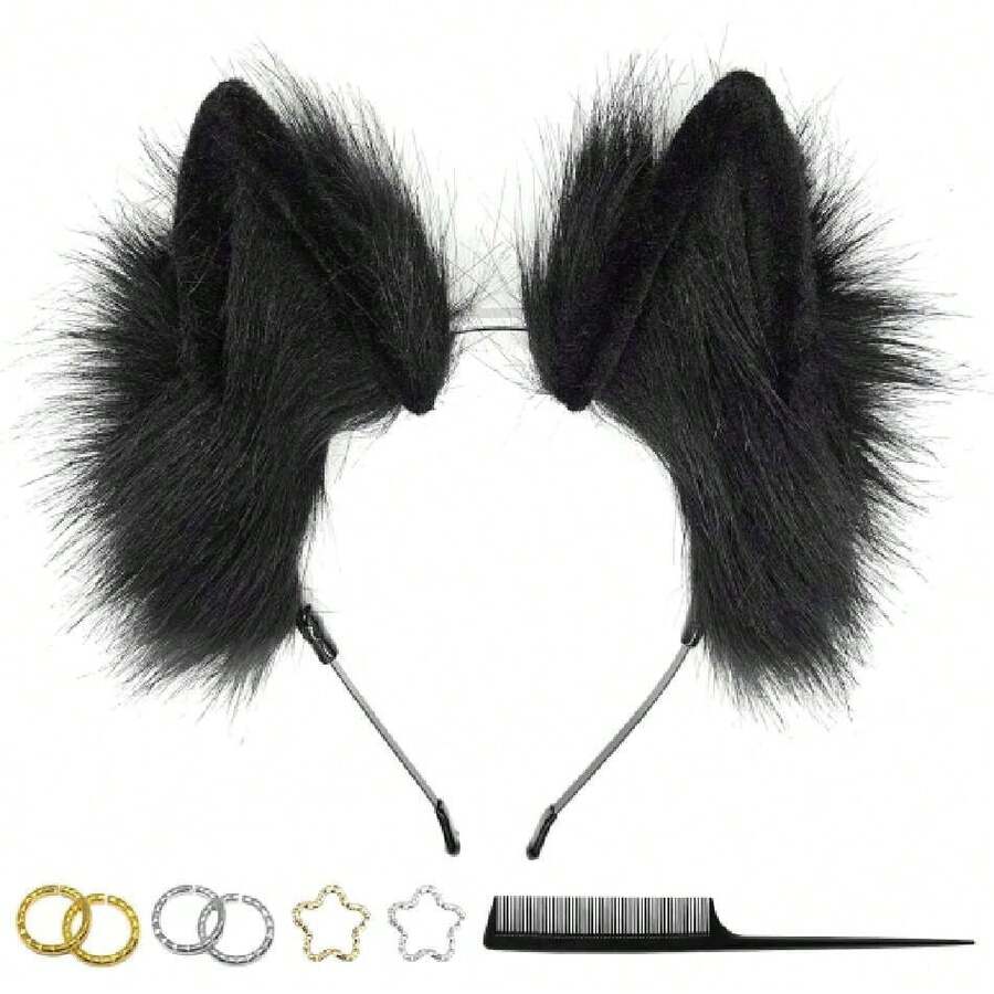 Cat Wolf Fox Dog Ears Headband Hanade Faux Fur Cosplay Halloween Costume Party,30216582 - 黑色 - 查看 1