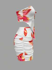 Conjunto de 2 piezas de top sin tirantes con bajo asimétrico y falda fruncida, sexy, adecuado para vacaciones y playa - Blanco - Ver 3