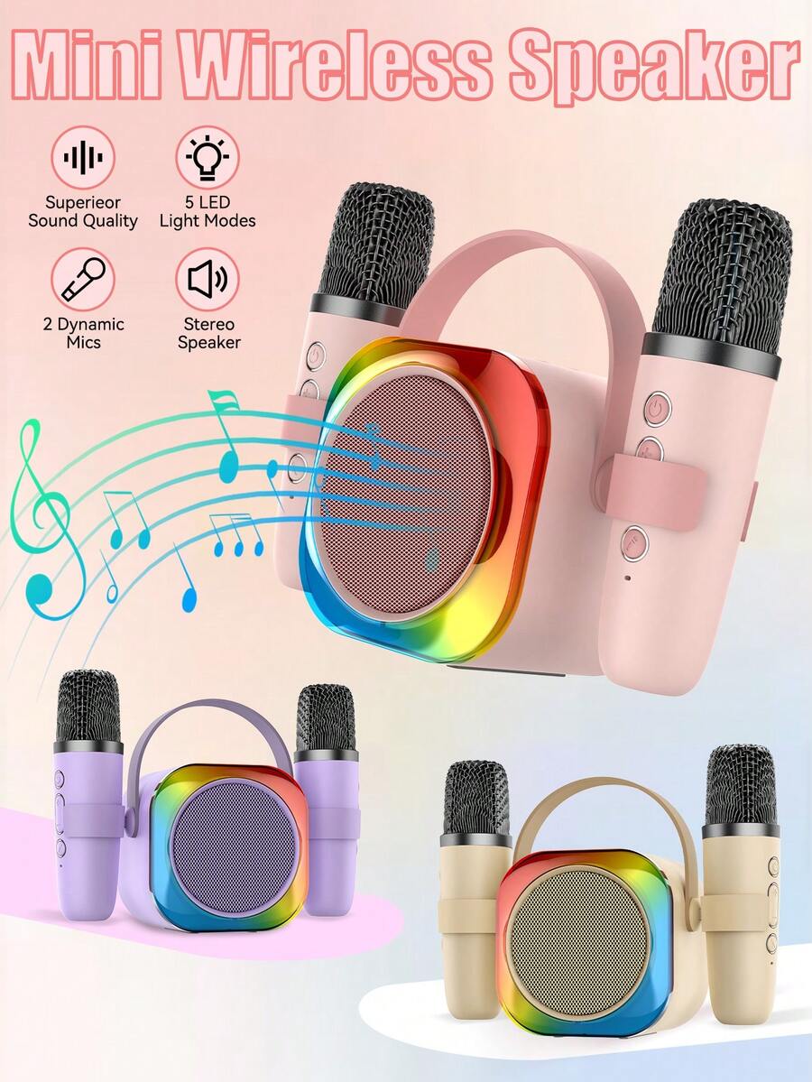 PAKRYS Karaoke Machine With Bluetooth Stand, Recording & Storage, For Kids & Adults, Portable Bluetooth Dual Speakers, Includes 2 Wireless Microphones, 800mAh Battery, Colorful Lights Karaoke Machine, Suitable For Home And Outdoor Karaoke (Pink) - one-size - View 1