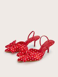 Red Polka Dot Bow Tie Pointed Toe Ankle Strap Stiletto High Heel Shoes, Suitable For Party, Banquet, Vacation - Red - View 4