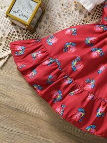 H HIBOBI 1pc Infant Girls' Ramadan Dress - Red Rose Print, White Peter Pan Collar, Puff Sleeves With Elastic Ruffle Cuffs, Lace Pom Pom Front With Rose Buttons, Layered Ruffle Hem, Suitable For 1-18 Months