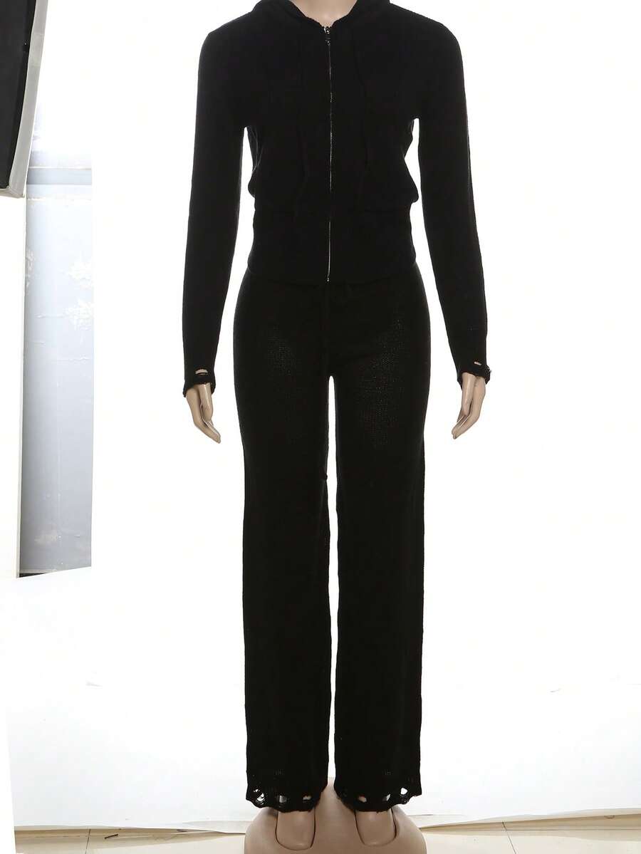 Street Style Hoodie Zip-Up Cardigan & Drawstring Waist Casual Sweatpants Set - Black - View 1