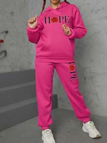 Plus Size Women's Casual Versatile Rose Red Hooded Sweatshirt And Thermal Lined Sweatpants Set, With A Hope Rose Pattern Printed On The Chest. A Two Pieces Set Featuring A Versatile Basic Style Suitable For Autumn And Winter.