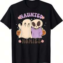 180g Pure Cotton Haunted Cute Homies, Cute Retro Halloween Ghost And Skeleton T-Shirt - 黑色23 - 查看 1