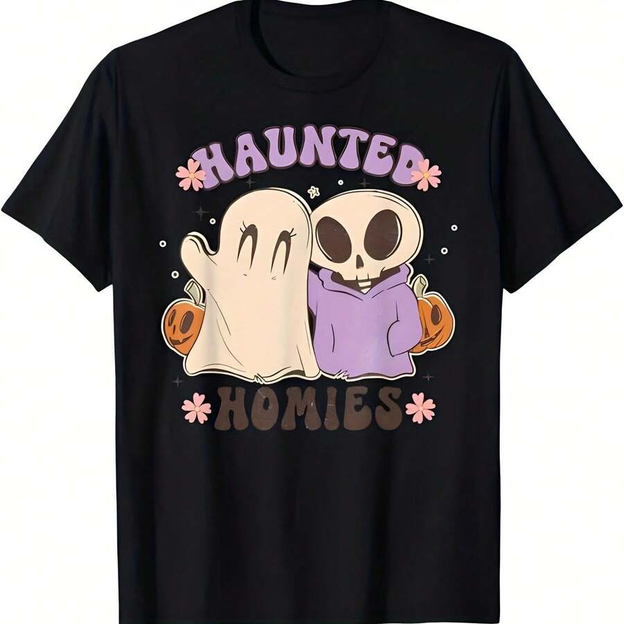 180g Pure Cotton Haunted Cute Homies, Cute Retro Halloween Ghost And Skeleton T-Shirt - 黑色23 - 查看 1