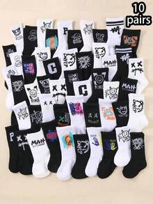 10 Pair Of Children's Autumn And Winter New Random Graffiti Print High-Top Sports Socks, A Back-To-School Gift, Suitable For Daily Life And Outdoor Activities. Fashionable And Comfortable, Skin-Friendly, Breathable And Sweat-Wicking Boy And Girls Socks Thanksgiving, Christmas Stocking Gifts Random Styles