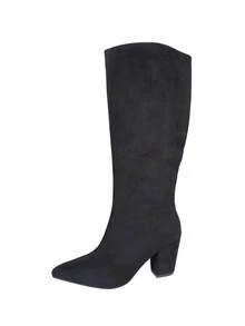 Women's Fashion Minimalist Pointed Toe Mid-Calf Boots, Chunky Heel Western Style Boots