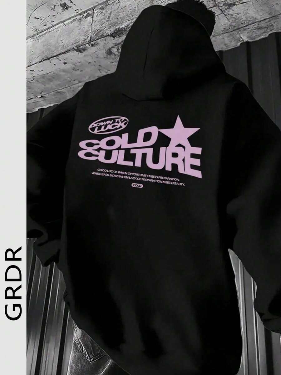 GRDR 1 pieza Sudadera casual con capucha, bolsillo, mangas largas y cordón para hombre con estampado de letras y estrellas