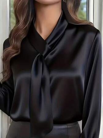 女士优雅系带缎面衬衫，长袖上衣，时尚百搭，适合工作通勤、办公室或日常穿着，经典精致，缎面面料易于打理，可机洗，四季皆宜