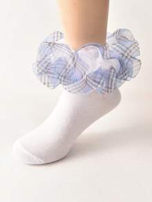 1 par de calcetines de niña con volantes y ribete a cuadros, calcetines de estilo princesa para bebé - Azul - Ver 1