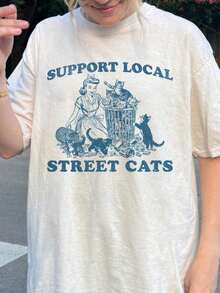 Support Local Street Cats Cats Lover Tee-Shirt Y2k Woman Teen Girls Tee,Vintage Print Top, Funny Cute Graphic Letter Tee Crew Neck Cool Summer Shirt Short Sleeve Top,Animal Fruite Pet Pattern, Women Graphic-Shirt, Fashion 2025,Gifts, Women's Clothing, Cartoon And Letter Printing, Comfortable Cotton Material, Skin Friendly, Soft And Cool, Spring Summer Women's-Shirt ClothingSports Short Sleeves - Design6 白色 - 查看 9