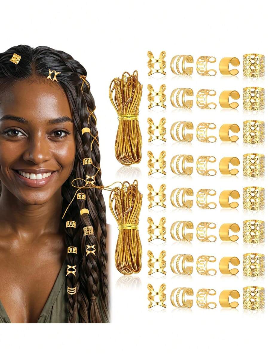 42Pcs Gold Hair Jewelry For Braids Accessories Contain Hair Ropes For Braids Adjustable Hair Rings Hair Cuff Hair Charms Hair Beads Decorations For Men Women, Claw Clips, Hair Slide, Hair Barrettes - Gold - View 1