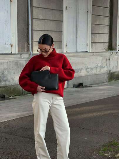 كنزة صوفية نسائية طويلة الأكمام عالية الرقبة مصنوعة من الصوف الأحمر، فضفاضة وكاجوال، متعددة الاستخدامات، مناسبة لأعياد الميلاد وعيد رأس السنة وعيد الحب، كنزة صوفية نسائية شتوية جديدة