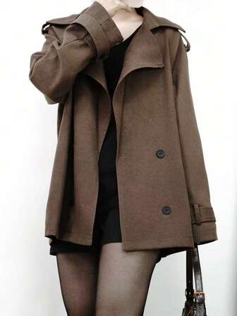 Plus Size Women Casual Loose Double-Breasted Short Windbreaker Jacket With Lining, Versatile For Daily, Holiday, Date, Commute, Spring/Autumn, Christmas