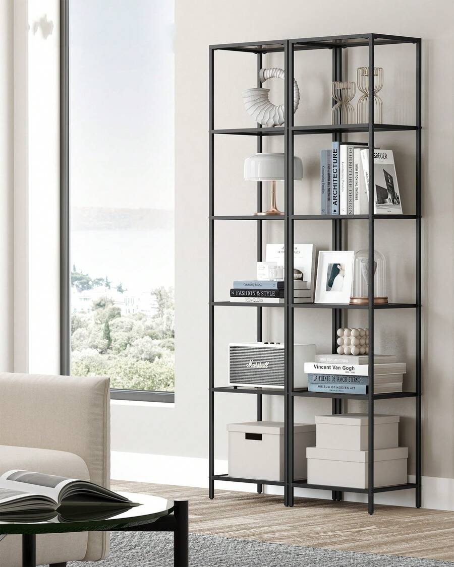 Bathroom Shelf With 6 Shelves, Tempered Glass, Easy Assembly For Bathroom, Living Room, Kitchen, Office, Slate Grey, Black Ink - Black - View 1