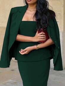 两件套优雅简约假日派对通勤商务套装，女士秋季套装，抹胸露脐上衣和修身中长裙 - 墨綠色 - 查看 5
