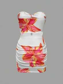 Conjunto de 2 piezas de top sin tirantes con bajo asimétrico y falda fruncida, sexy, adecuado para vacaciones y playa - Blanco - Ver 4